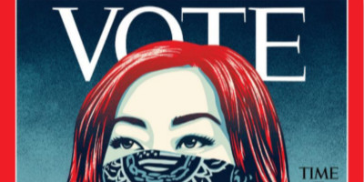 美國《時代》周刊首次將封面LOGO設計【TIME】替換成【VOTE】投票